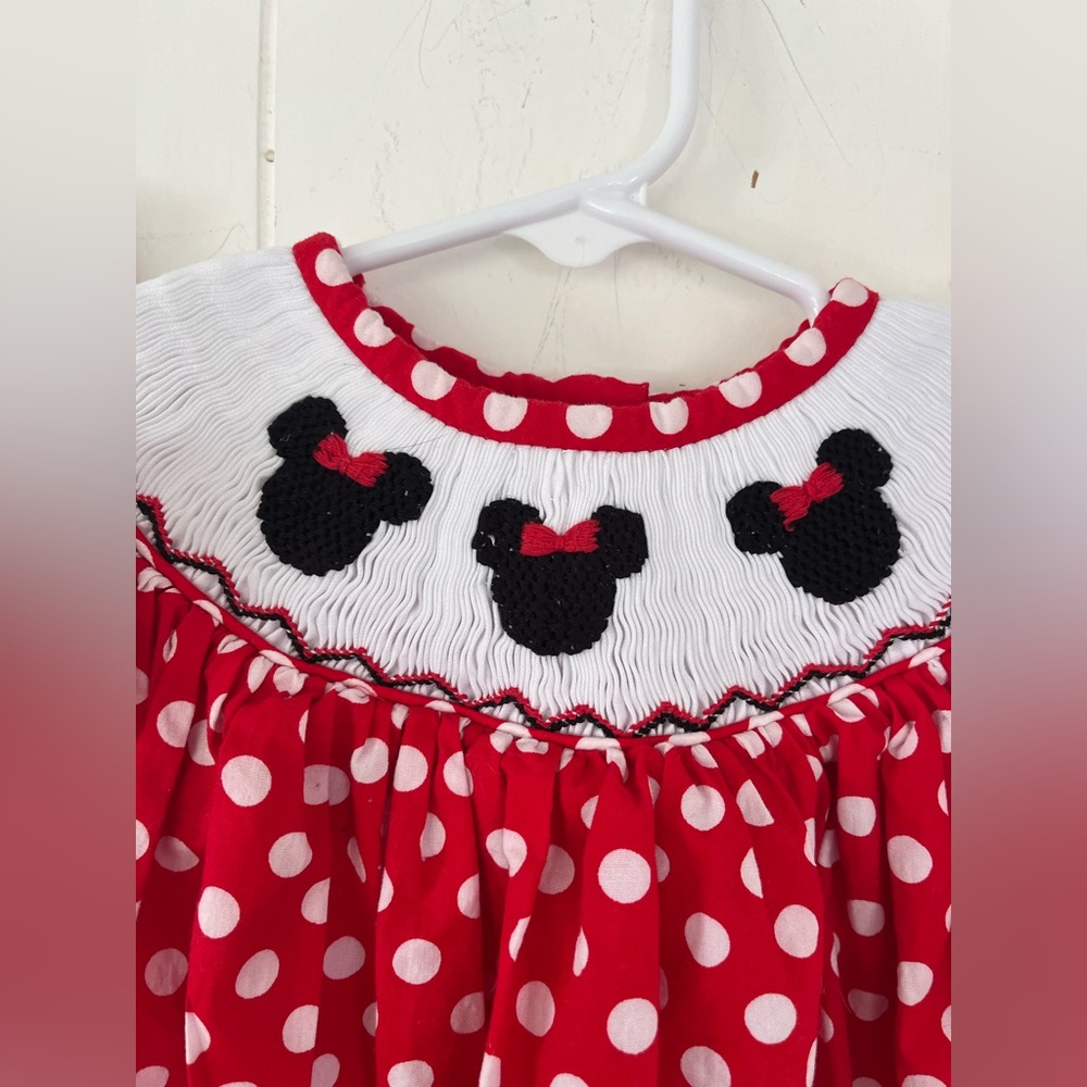 Pleats & Stitches Mouse Ears Smocked Romper Red Polka Dot Minnie Bubble 6 Months - Picture 3 of 15